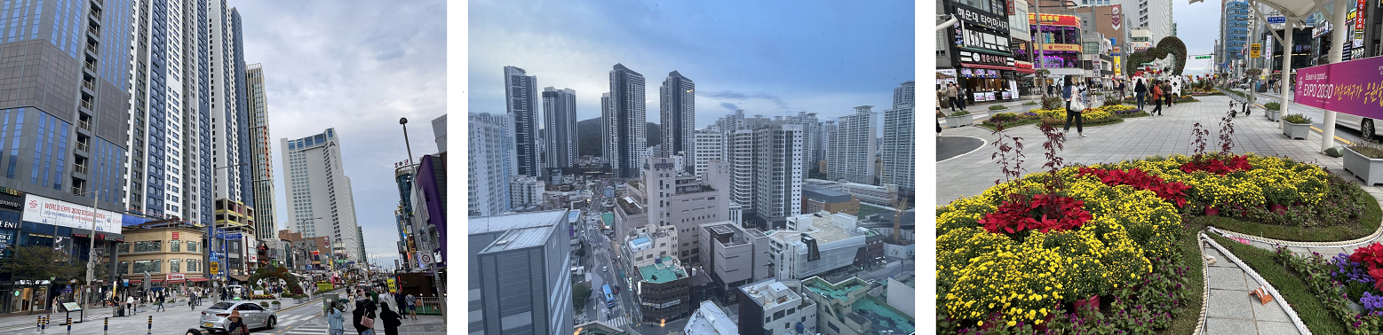 図1：海雲台市街地（左）海雲台市街地（中）海雲台中心広場（右）