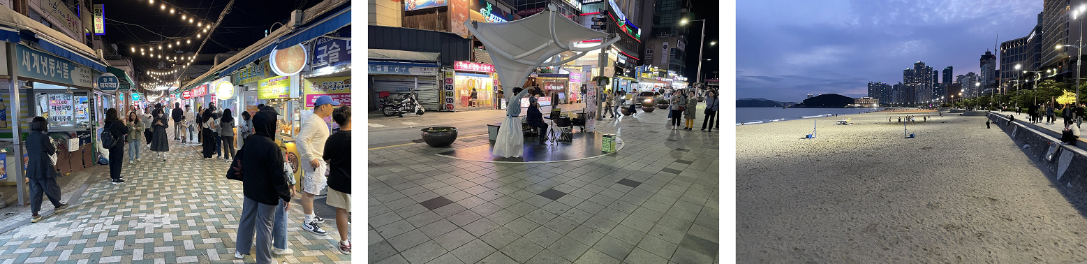 図2：海雲台の屋台風市場（左）海雲台の路上ミュージシャン（中）海雲台のビーチ（右）