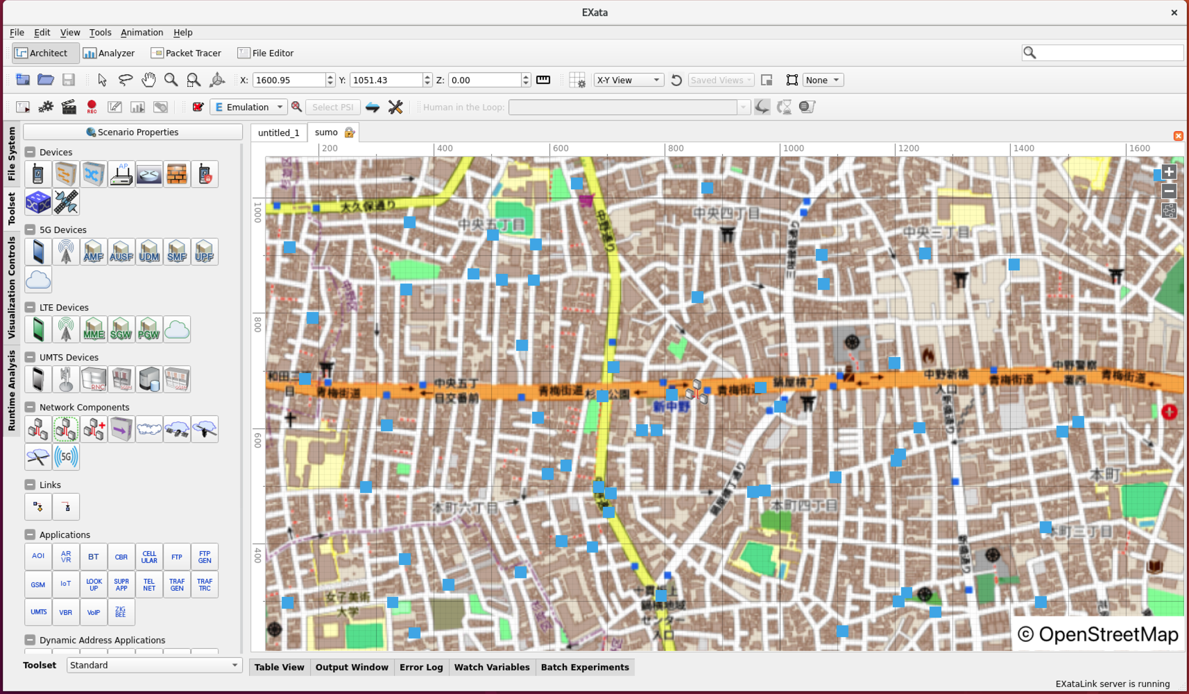 SUMO + OSM のデータを EXata に取り込んだ画面